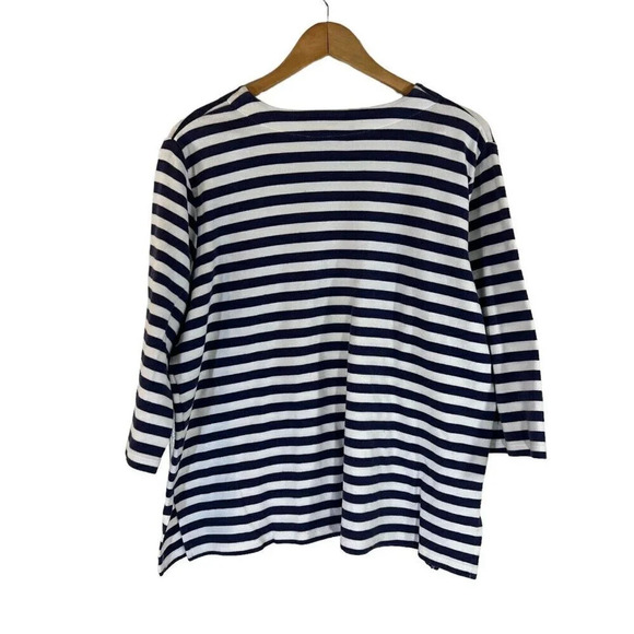 Herman Geist Blue and White Striped V Neck Top XL Knit 100% Cotton 3/4 Sleeves - Picture 2 of 5